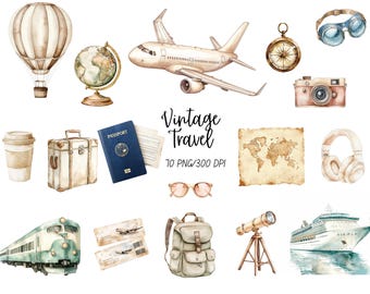 Watercolor Travel Clipart, Vacation PNG, Boho Travel Graphics, Tourism Clipart, Travel Planner, Commercial Use, Digital Download
