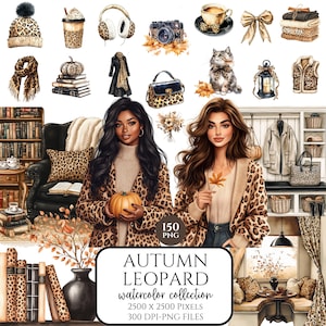 May include: Watercolor collection featuring autumn-themed illustrations. Includes images of a woman, a pumpkin, a coffee cup, a camera, a cat, and other fall-related items. The text on the image reads "AUTUMN LEOPARD watercolor collection".