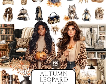 Colección de imágenes prediseñadas de otoño, PNG de moda de otoño, estampado de leopardo, ilustración neutra de otoño, calabaza, chica de otoño, descarga digital