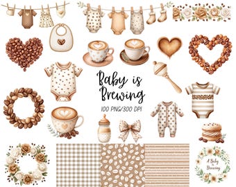 Baby Brewing Clipart, Baby Shower Elements, Coffee Cups, Latte Art, Beans, Bottles, Floral Wreaths & Eucalyptus Borders, Commercial Use