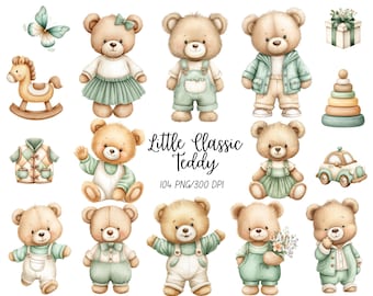 Watercolor Teddy Bears Clipart, Little Classics Teddy Nursery Clipart, Vintage Toys PNG, Baby Shower Decor, Grandmillennial Digital Download