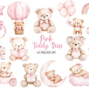 Puede incluir: Ilustraciones en acuarela de osos de peluche rosas con lazos, globos y un globo aerostático. Otros elementos incluyen una estrella, un arcoíris, una nube y arreglos florales. También está presente el texto "Pink Teddy Bear".