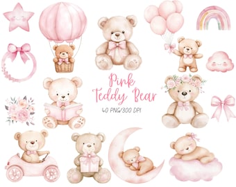 Watercolor Pink Teddy Bear Collection, Teddy Bear Clipart,  Girl Teddy Bear, Baby Shower Clipart
