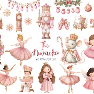 May include: A collection of watercolour illustrations themed around The Nutcracker. Features pink nutcracker figures, ballerinas, a mouse king, fairies, and various festive decorations. The text "The Nutcracker" is displayed.
