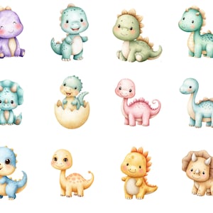 Cute Watercolor Dinosaur Clipart for Nursery Decor, Baby Shower and Birthday Party PNGs, T-Rex Dino Egg Graphic Illustrations for Kids image 3