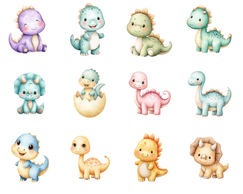 Cute Watercolor Dinosaur Clipart for Nursery Decor, Baby Shower and Birthday Party PNGs, T-Rex Dino Egg Graphic Illustrations for Kids image 3