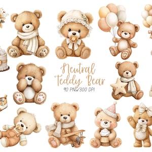 Può includere: Una collezione di illustrazioni ad acquerello con orsetti in varie pose, con accessori come palloncini, una stella e un aereo. Gli orsetti sono in tonalità neutre, adatte a design a tema baby. È presente anche il testo "Neutral Teddy Bear".