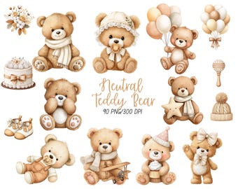 May include: A collection of watercolor illustrations featuring teddy bears in various poses, with accessories like balloons, a star, and a plane. The bears are in neutral tones, suitable for baby-themed designs. The text "Neutral Teddy Bear" is also present.