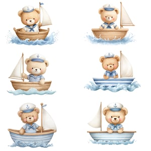 May include: Six illustrations of light brown teddy bears wearing white and blue sailor hats and striped shirts. Each bear is positioned inside a small sailboat with a white sail, surrounded by blue watercolor splashes representing water.