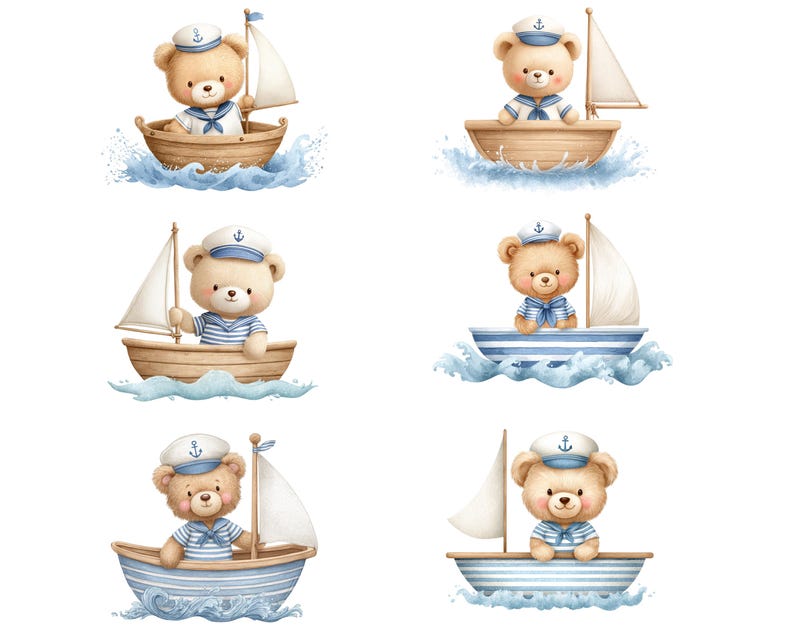 May include: Six illustrations of light brown teddy bears wearing white and blue sailor hats and striped shirts. Each bear is positioned inside a small sailboat with a white sail, surrounded by blue watercolor splashes representing water.