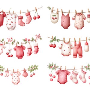 Puede incluir: Ilustraci&oacute;n en acuarela de ropa de beb&eacute; colgada en un tendedero. La imagen presenta varios conjuntos de bodies, calcetines y baberos rosas y blancos, decorados con cerezas y corazones. La ropa est&aacute; suspendida por pinzas de madera.