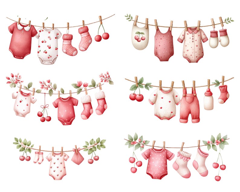 Puede incluir: Ilustraci&oacute;n en acuarela de ropa de beb&eacute; colgada en un tendedero. La imagen presenta varios conjuntos de bodies, calcetines y baberos rosas y blancos, decorados con cerezas y corazones. La ropa est&aacute; suspendida por pinzas de madera.