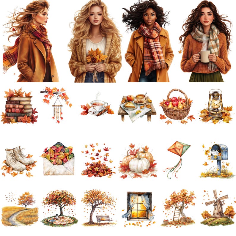 Pu&ograve; includere: Illustrazioni ad acquerello a tema autunnale. L'immagine presenta donne in abiti autunnali, pile di libri, foglie che cadono, zucche, un cesto di mele, una lanterna e un aquilone. La tavolozza dei colori comprende toni caldi di arancione, marrone e giallo.