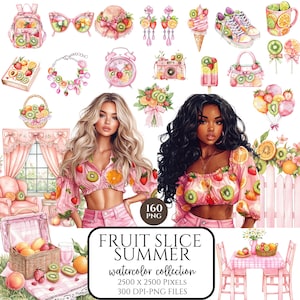 Clipart con atmosfera estiva ad acquerello, clipart di frutta colorata, PNG estivi divertenti, diario spazzatura, adesivi digitali, scrapbooking, uso commerciale