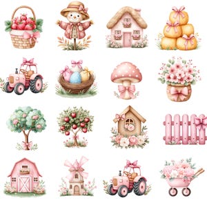 May include: Watercolor illustrations of farm-themed objects. Includes a basket of strawberries, a scarecrow, a house, hay bales, a tractor, a nest with eggs, a mushroom, a flower arrangement, a tree, a barn, a windmill, and a wheelbarrow.