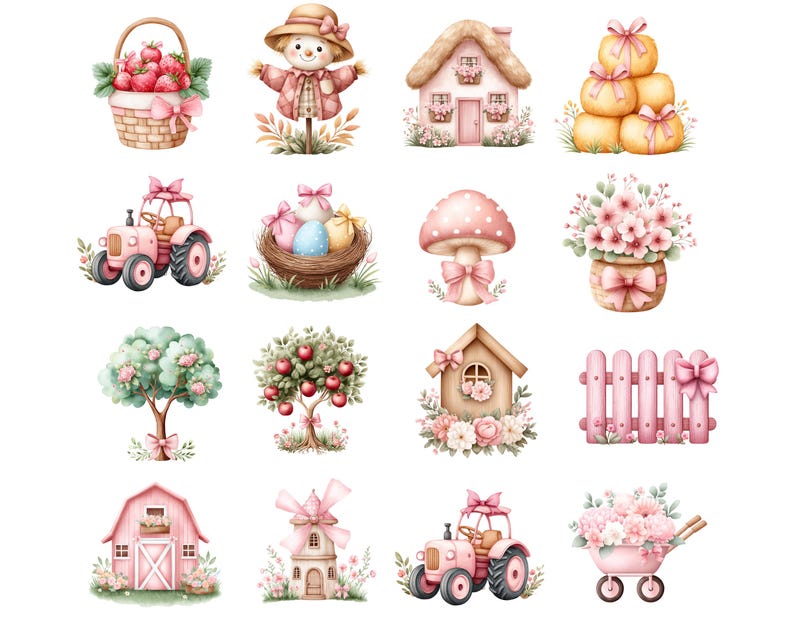 May include: Watercolor illustrations of farm-themed objects. Includes a basket of strawberries, a scarecrow, a house, hay bales, a tractor, a nest with eggs, a mushroom, a flower arrangement, a tree, a barn, a windmill, and a wheelbarrow.