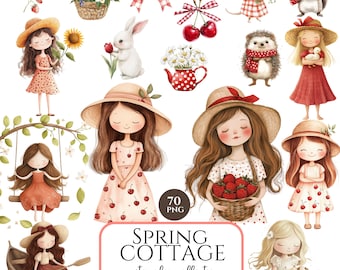Puede incluir: Ilustraciones en acuarela con niñas con sombreros de sol, flores y cestas de frutas. Otras imágenes incluyen un conejo blanco, una ardilla con bufanda roja y un ratón. El texto "SPRING COTTAGE watercolor collection" también está presente.