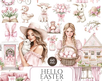 May include: A set of 60 watercolor illustrations featuring Easter themes. The illustrations include bunnies, chicks, eggs, flowers, a house, a bicycle, a girl holding a basket of eggs, a girl holding a bunny, and a wreath. The illustrations are in shades of pink and white.