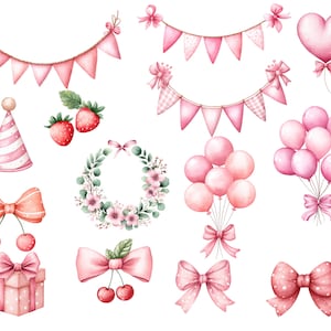 May include: Watercolor illustrations of party decorations and elements in shades of pink. Includes pennant banners, balloons, bows, a heart-shaped balloon, a party hat, strawberries, a floral wreath, and a gift box. Perfect for birthday or baby shower themes.