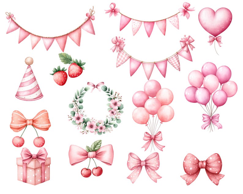 May include: Watercolor illustrations of party decorations and elements in shades of pink. Includes pennant banners, balloons, bows, a heart-shaped balloon, a party hat, strawberries, a floral wreath, and a gift box. Perfect for birthday or baby shower themes.