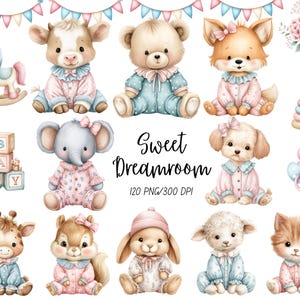 Może przedstawiać: Akwarelowe ilustracje zwierząt dla dzieci, w tym krowy, niedźwiedzia, lisa, słonia, psa, żyrafy, wiewiórki, królika, jagnięcia i kota. Każde zwierzę ma na sobie piżamę. Inne elementy to konik na biegunach, klocki, smoczek i wieża z pierścieni. Obecny jest również tekst "Sweet Dreamroom".
