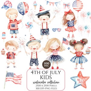 Aquarelle des cliparts du 4 juillet, PNG patriotique pour enfants, lot de la fête de l'indépendance, des cliparts enfants mignons, usage Commercial