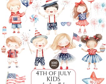 Watercolor 4th of July Clipart, Patriotic Kids PNG, Independence Day Bundle, Cute Kids Clipart, Commercial Use