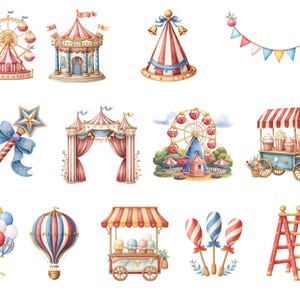 May include: Watercolor illustrations of circus and carnival elements. The image includes a Ferris wheel, a carousel, a party hat, a banner, a magic wand, a circus arch, a popcorn cart, a balloon bouquet, a hot air balloon, an ice cream cart, balloon lollipops, and a ladder.