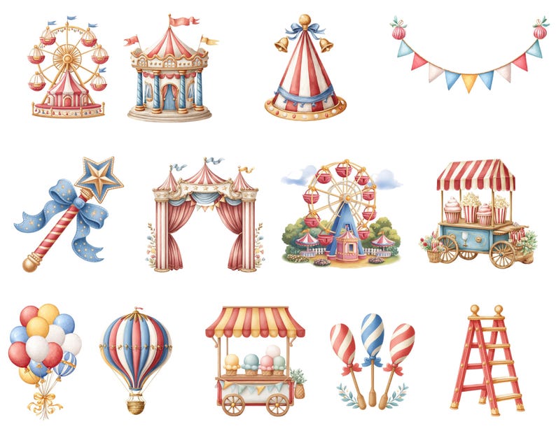 May include: Watercolor illustrations of circus and carnival elements. The image includes a Ferris wheel, a carousel, a party hat, a banner, a magic wand, a circus arch, a popcorn cart, a balloon bouquet, a hot air balloon, an ice cream cart, balloon lollipops, and a ladder.
