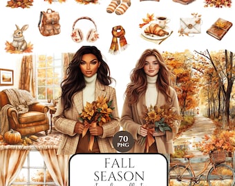 Fall Season Watercolor Clipart, Autumn Graphics PNG, Brown Beige Fashion, Fall Stickers, Planner Digital Stickers, Download