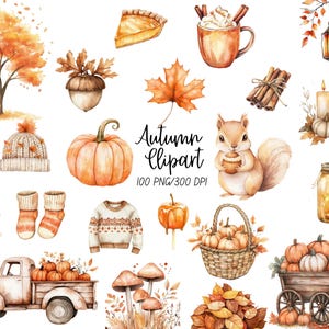 May include: Watercolor illustration of autumn-themed elements. Includes pumpkins, a squirrel, a truck filled with pumpkins, a basket of pumpkins, a pie, a mug of hot chocolate, a maple leaf, a lantern, and the text "Autumn Clipart".