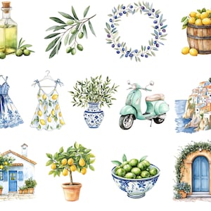 May include: Watercolor illustrations of Italian-themed items. Includes a bottle of olive oil, olive branches, an olive wreath, a barrel of lemons, two dresses, a vase, a scooter, a coastal town, a house, a lemon tree, a bowl of olives, and a door.