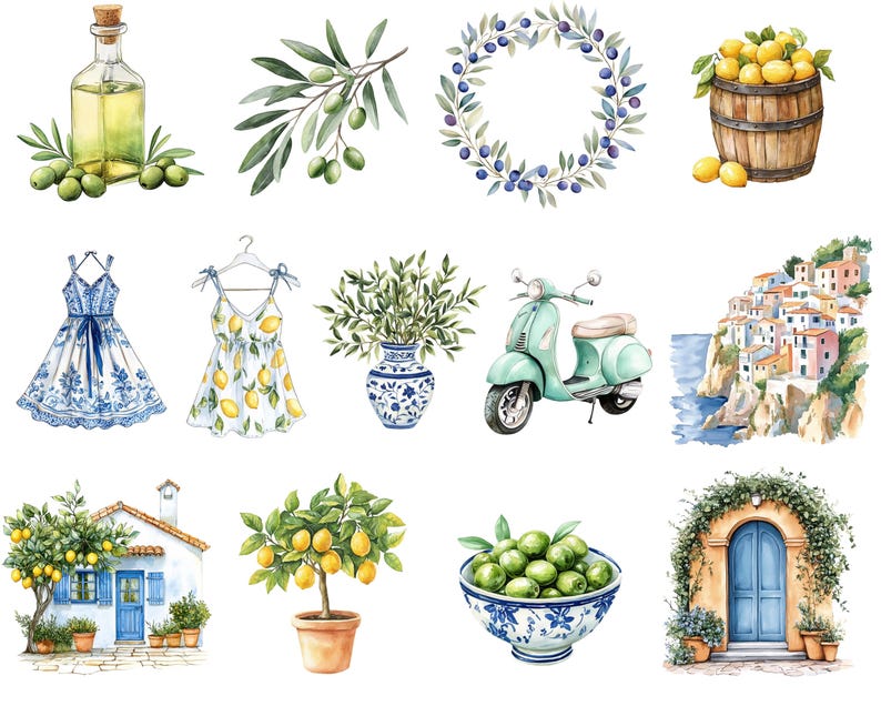 May include: Watercolor illustrations of Italian-themed items. Includes a bottle of olive oil, olive branches, an olive wreath, a barrel of lemons, two dresses, a vase, a scooter, a coastal town, a house, a lemon tree, a bowl of olives, and a door.
