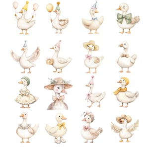 May include: Watercolor illustrations of white geese in various festive outfits. Some geese wear party hats, bow ties, and hats, while others hold balloons or gifts. The artwork has a soft, whimsical style, perfect for children's decor or stationery.