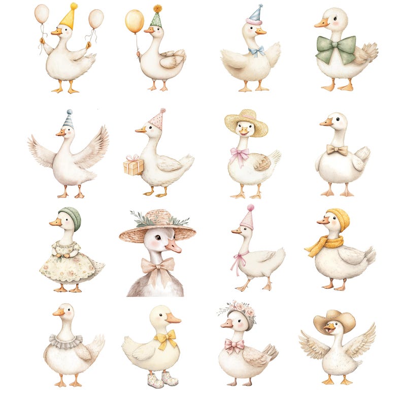 May include: Watercolor illustrations of white geese in various festive outfits. Some geese wear party hats, bow ties, and hats, while others hold balloons or gifts. The artwork has a soft, whimsical style, perfect for children's decor or stationery.