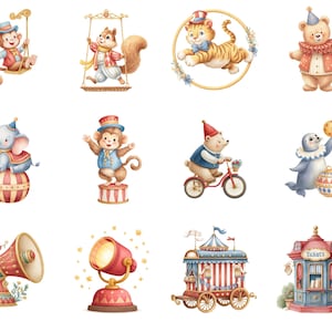 May include: Watercolor illustrations of circus animals, including a monkey on a swing, a squirrel on a trapeze, a tiger in a floral wreath, and a bear in a clown outfit. Other images include an elephant on a ball, a monkey on a pedestal, and a bear on a bicycle.