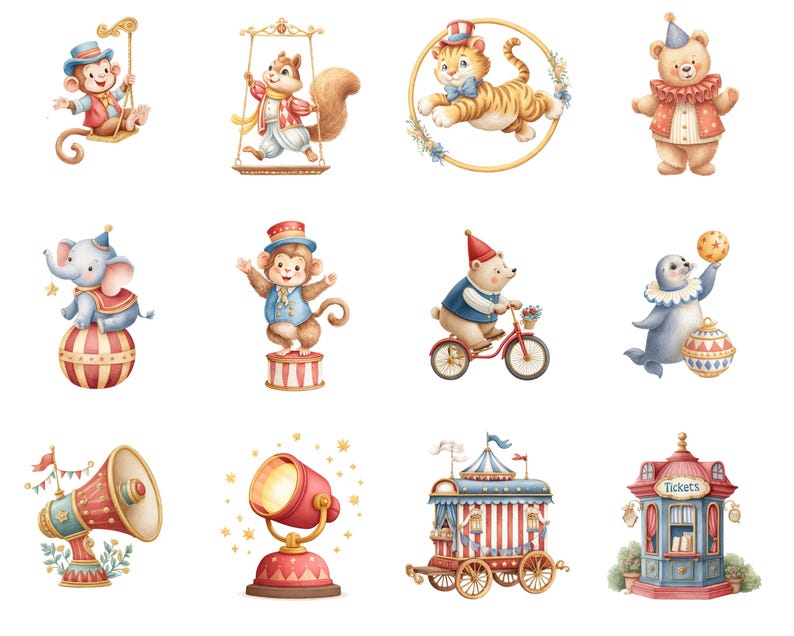 May include: Watercolor illustrations of circus animals, including a monkey on a swing, a squirrel on a trapeze, a tiger in a floral wreath, and a bear in a clown outfit. Other images include an elephant on a ball, a monkey on a pedestal, and a bear on a bicycle.