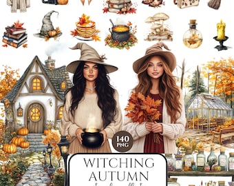 May include: Watercolor illustration featuring a witchy autumn theme. The image includes a house, two women, pumpkins, a black cat, a cauldron, and other fall-themed items. The text "Witching Autumn watercolor collection" is also present.