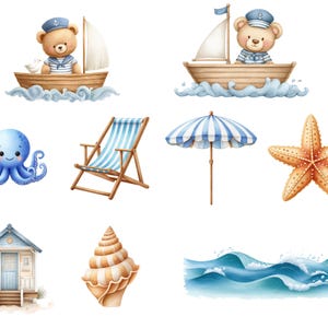 May include: Watercolor illustrations of nautical and beach-themed elements. Includes a teddy bear sailor in a sailboat, a blue octopus, a striped beach chair, a blue and white striped umbrella, a starfish, a beach house, a seashell, and ocean waves.