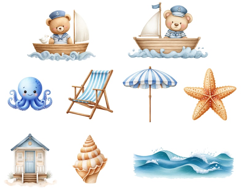 May include: Watercolor illustrations of nautical and beach-themed elements. Includes a teddy bear sailor in a sailboat, a blue octopus, a striped beach chair, a blue and white striped umbrella, a starfish, a beach house, a seashell, and ocean waves.