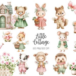 May include: A collection of watercolour illustrations featuring cute woodland animals such as a bear, bunny, squirrel, duckling, mouse, badger, sheep, and hedgehog. The image also includes a cottage, flowers, and the text "Little Cottage."