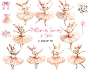 Watercolor Ballerina Bunny Clipart PNG Bundle, Pink Floral Bunny Illustrations, Baby Shower and Scrapbooking Graphics
