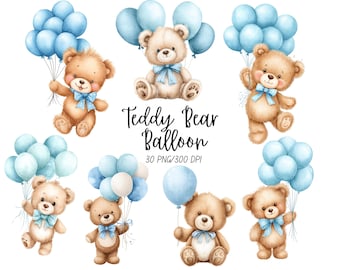 Teddy Bären und Ballon Clipart, Aquarell, Baby Shower, Baby Boy, Sofort Download, süßer Bär, Kinderzimmer, Png, Fliegender Bär