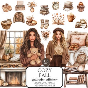 Cozy Fall Clipart Bundle, Watercolor Autumn Graphics, Coffee & Floral PNG, Autumn Bouquet Clipart, Digital Download