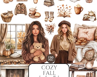 Cozy Fall Clipart Bundle, Watercolor Autumn Graphics, Coffee & Floral PNG, Autumn Bouquet Clipart, Digital Download