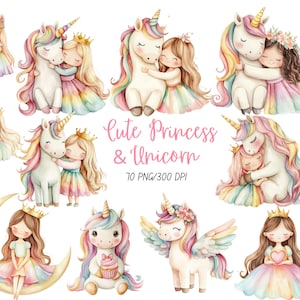 Unicorn And Princess Clipart, Watercolor Pink Princess Clipart, Rainbow Princess Clipart, Unicorn Clipart Birthday, Pastel Unicorn Clipart