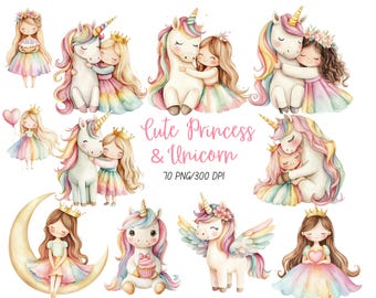 Unicorn And Princess Clipart, Watercolor Pink Princess Clipart, Rainbow Princess Clipart, Unicorn Clipart Birthday, Pastel Unicorn Clipart