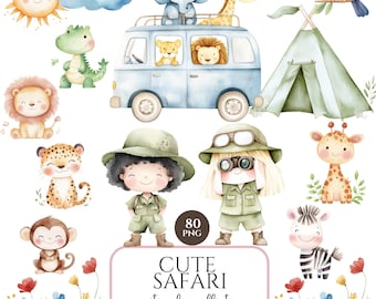 May include: A watercolor illustration set of cute safari animals, including a lion, giraffe, zebra, elephant, monkey, toucan, and crocodile. There are also two children dressed as safari explorers, a blue van, a tent, and a sun. The set includes 80 PNG files, each 2500 x 2500 pixels and 300 DPI.