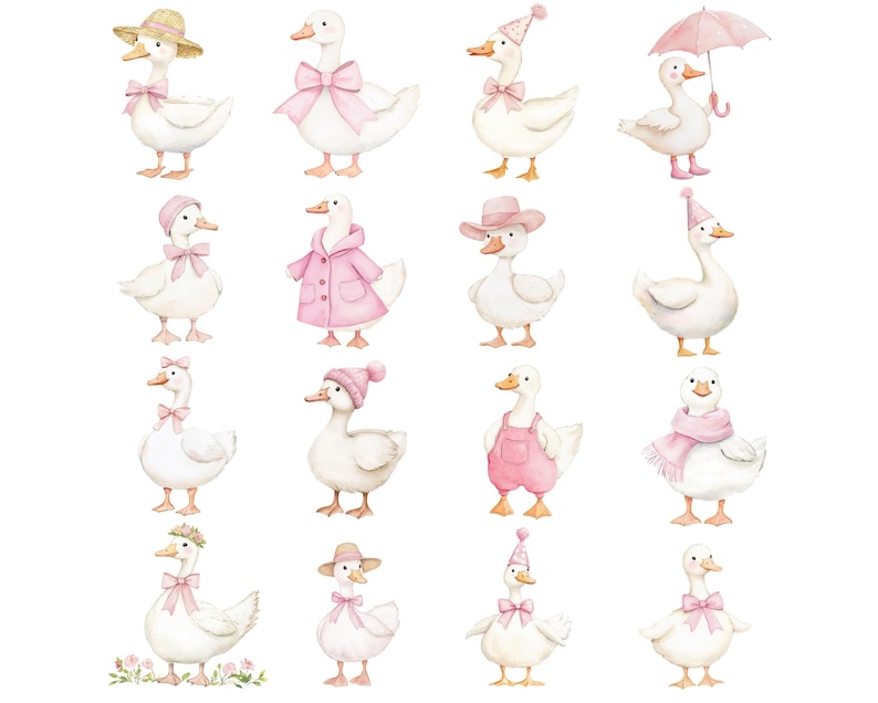 K&ouml;nnte beinhalten: Aquarellillustration von sechzehn wei&szlig;en G&auml;nsen, jede mit rosa Accessoires geschm&uuml;ckt. Einige tragen H&uuml;te, Schleifen und M&auml;ntel. Eine Gans h&auml;lt einen rosa Regenschirm. Die G&auml;nse sind auf wei&szlig;em Hintergrund angeordnet.