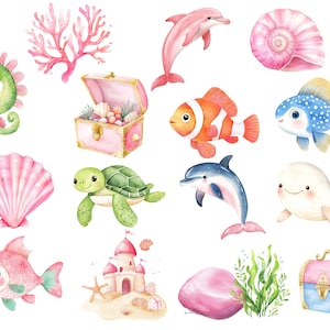 Puede incluir: Ilustraci&oacute;n de acuarela de una variedad de criaturas marinas, incluyendo un delf&iacute;n rosa, un caballito de mar, una tortuga, una ballena, un pez y una concha. Tambi&eacute;n hay im&aacute;genes de un coral rosa, un cofre del tesoro rosa, un castillo rosa y una concha rosa.